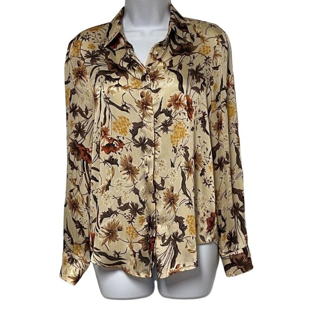 Zara Basic Collection Floral Botanical Button Down Blouse Tan Brown Small